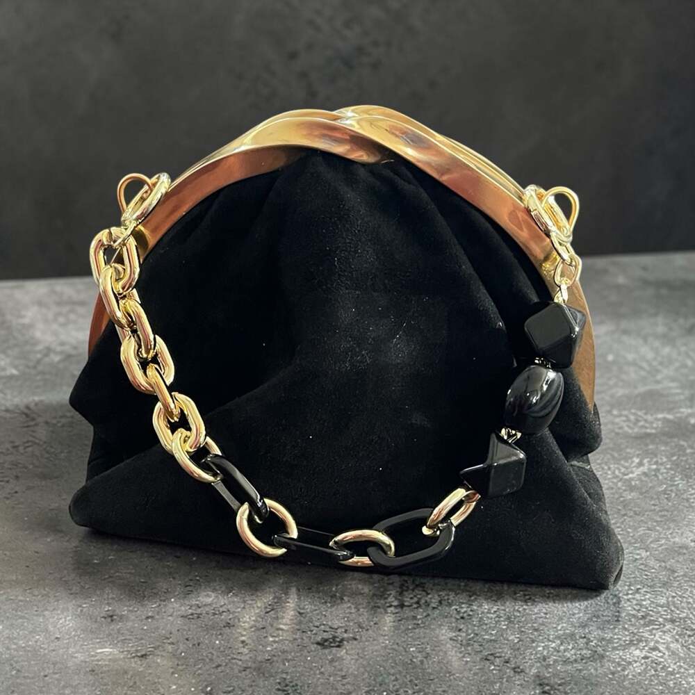 Donna Karan NY Vintage Black Suede Evening Clutch w/ Gold Tone Metal Knot Frame - Picture 2 of 4